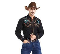 EL PIONERO Men's Floral and Horsehoe Embroidered Long Sleeve Retro Western Cowboy Shirt, Black_a, XL