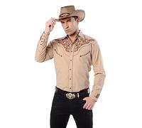 EL PIONERO Men's Long Sleeve Shirt Embroidered Casual Button Down Embroidered Western Cowboy Shirts - Beige - Medium