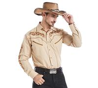 EL PIONERO Men's Western Cowboy Shirt Embroidered Shirt Long Sleeve Casual Snap Button Shirt, Khaki, S