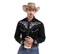 EL PIONERO Men's Western Shirt Long Sleeve Embroidered Cowboy Casual Snap Button Shirt, Black Grey, Medium