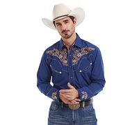 EL PIONERO Men's Western Shirt Long Sleeve Embroidered Cowboy Casual Snap Button Shirt, Navy Blue, S