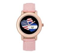 El Salvadorian American Flag Hearts Women's Wrist Watch Fashion Wristwatches with Pink Strap Gifts for Women Mother Wife Birthday