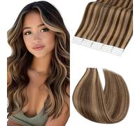 Elailite 20 Pcs Highlighted Tape in Hair Extensions Real Human Hair #4/27 Medium Brown Mix Dark Blonde Invisible Skin Weft Remy Hair Extension 14 Inch 40 Gram