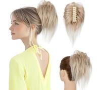 Elailite Claw Clip Bun Real Hair Bun For Women Short Ponytail Extension Human Hair Tousled Messy Hair Piece Remy Donuts Updo Chignon - Mix #12/613 Golden Brown & Bleach Blonde