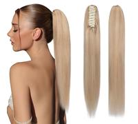 Elailite Claw on Ponytail Extension Real Human Hair Clip Natural HairPiece Straight (#18/613 Ash Blonde Mix Bleach Blonde, 20 Inch)