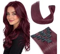 Elailite Clip in Hair Extensions Real Human Hair 8 Pieces Invisible Thin Weft Full Head Remy Hair Straight - #99J Wine Red - 18 Inch (70 g)