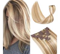 Elailite Clip in Hair Extensions Real Human Hair - 8 Pieces Thin Weft Full Head Remy Hair Straight - #12/613 Golden Brown Mix Bleach Blonde - 16 Inch (65 g)