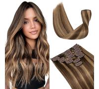 Elailite Clip in Hair Extensions Real Human Hair - 8 Pieces Thin Weft Full Head Remy Hair Straight - #4/27 Medium Brown Mix Dark Blonde - 16 Inch (65 g)