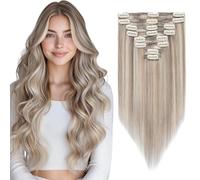 Elailite Clip in Hair Extensions Real Human Hair Black Double Weft Thick Remy Natural Hair - 8 Pieces Full Head Straight - #18Y/613 Ash Blonde Mix Bleach Blonde - 22 Inch (160 g)