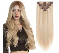 Elailite Clip in Hair Extensions Real Human Hair Double Weft Thick Remy Natural Hair Blonde - 8 Pieces Full Head Straight - #18/613 Ash Blonde Mix Bleach Blonde - 16 Inch (130 g)