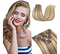 Elailite Clip in Hair Extensions Real Human Hair Remy Natural Hair - 8 Pieces Standard Weft Full Head Straight - #12/613 Golden Brown Mix Bleach Blonde - 12 Inch (75 g)