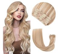 Elailite Clip In Human Hair Extensions Double Weft Real Hair Virgin Remy Lace Weft 7 Pcs Full Head Straight - #12/613 Golden Brown Mix Bleach Blonde - 14 Inch 100g