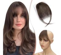 Elailite Clip on Bangs Human Hair Wispy Air Bangs Super Thin Fringe - 100% Real Remy Natural Hair 5 Inch With Temples Hair Piece - #2 Dark Brown
