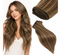 Elailite Hair Bundles Real Human Hair Weft Hair Extensions Weave Straight Double Weft Sew In Hair Extension Remy 100G Long Highlighted - #4/27 Medium Brown Mix Dark Blonde - 26 Inch