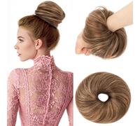 Elailite Human Hair Bun Scrunchie Straight Hair Piece Smooth Neat Real Hair Covered Donuts Updo Chignon For Women - #4R/27R Medium Brown Mix Dark Blonde