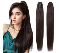 Elailite Human Hair Ponytail Extension Claw on Clip Real Human Hair Natural HairPiece Straight (#2 Dark Brown, 16 Inch)