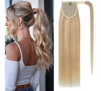 Elailite Human Hair Ponytail Extension Real Hair Straight Natural - Wrap Around Clip in Ponytail Highlighted #18/613 Ash Blonde Mix Bleach Blonde - 22 Inches