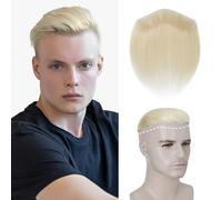 Elailite Men's Hairline V-Shape Frontal Toupee Real Human Hair Extension Invisible Forehead Hairpiece Fringe Bang Replacement System (4 * 18cm) (#60 Platinum Blonde, 6 Inch FRINGE)