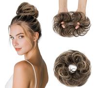 Elailite Messy Hair Buns Scrunchy Updo HairPiece Real Remy Human Hair Extensions Donut Chignons Curly Wavy Highlighted - #1B/27 Natural Black Mix Dark Blonde