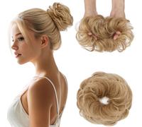 Elailite Messy Hair Buns Scrunchy Updo HairPiece Real Remy Human Hair Extensions Donut Chignons Curly Wavy Highlighted - #06/613 Light Brown Mix Bleach Blonde
