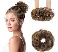Elailite Messy Hair Buns Scrunchy Updo HairPiece Real Remy Human Hair Extensions Donut Chignons Curly Wavy Highlighted - #1B/06 Natural Black Mix Light Brown