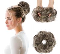 Elailite Messy Hair Buns Scrunchy Updo HairPiece Real Remy Human Hair Extensions Donut Chignons Curly Wavy Highlighted - #1B/613 Natural Black Mix Bleach Blonde