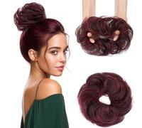 Elailite Messy Hair Buns Scrunchy Updo HairPiece Real Remy Human Hair Extensions Donut Chignons Curly Wavy Highlighted - #01/99J Jet Black Mix Wine Red