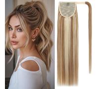 Elailite Ponytail Extension Human Hair Remy Real Hair Wrap Around Clip in Extensions Straight - #12/613 Golden Brown Mix Bleach Blonde - 18 Inch