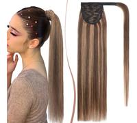 Elailite Ponytail Extension Human Hair Remy Real Hair Wrap Around Clip in Extensions Straight - #4/27 Medium Brown Mix Dark Blonde - 20 Inch