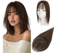 Elailite Real Human Hair Topper With Fringe Silk Base Toppers For Thinning Hair Women UK Lightweight - #02 Dark Brown - 12 Inch 35g