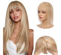 Elailite Real Human Hair Toppers for Thinning Hair Women with Bangs - Crown Clip in Extension Invisible Hairpiece (#12/613 Golden Brown Mix Bleach Blonde, 12 inch)