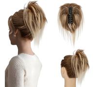 Elailite Tousled Updo Messy Bun Hair Piece Short Ponytail Extension Claw Clip Real Human Hair For Women Donuts Chignon - Mix #4/27 Medium Brown & Dark Blonde