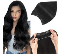 Elailite Wire Hair Extensions Real Human Hair Black Invisible Clip In One Piece Secret Wire Extension Band Straight Thick Long - #01 Jet Black - 20 Inch (100 g)