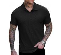 Elainone Men's Knitted Polo Shirt Short Sleeve Vertical Striped Texture Breathable Casual Summer Tops for Golf Work Black