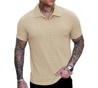 Elainone Men's Knitted Polo Shirt Short Sleeve Vertical Striped Texture Breathable Casual Summer Tops for Golf Work Apricot