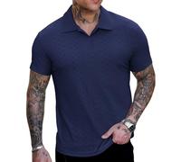 Elainone Men's Knitted Polo Shirt Short Sleeve Vertical Striped Texture Breathable Casual Summer Tops for Golf Work Navy Blue
