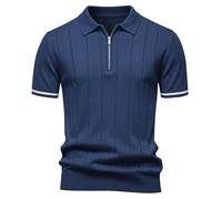 Elainone Men's Polo Shirt 100% Viscose Short Sleeve Zip Neckline Knitted Texture Modern Fit Golf Top Striped Cuff Details Navy Blue