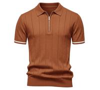Elainone Men's Polo Shirt 100% Viscose Short Sleeve Zip Neckline Knitted Texture Modern Fit Golf Top Striped Cuff Details Brown