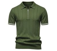 Elainone Men's Polo Shirt 100% Viscose Short Sleeve Zip Neckline Knitted Texture Modern Fit Golf Top Striped Cuff Details Army Green