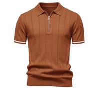 Elainone Men's Polo Shirt 100% Viscose Short Sleeve Zip Neckline Knitted Texture Modern Fit Golf Top Striped Cuff Details Brown