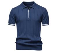 Elainone Men's Polo Shirt 100% Viscose Short Sleeve Zip Neckline Knitted Texture Modern Fit Golf Top Striped Cuff Details Navy Blue