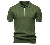 Elainone Men's Polo Shirt 100% Viscose Short Sleeve Zip Neckline Knitted Texture Modern Fit Golf Top Striped Cuff Details Army Green
