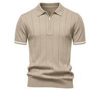 Elainone Men's Polo Shirt 100% Viscose Short Sleeve Zip Neckline Knitted Texture Modern Fit Golf Top Striped Cuff Details Khaki