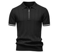 Elainone Men's Polo Shirt 100% Viscose Short Sleeve Zip Neckline Knitted Texture Modern Fit Golf Top Striped Cuff Details Black