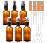 Elalove 6 Pack 50ml Amber Glass Spray Bottles with Funnels and Droppers Refillable Mist Bottles for Toiletries Essential Oils Travel Use