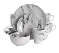 Elama Fine Round Gloss Dinnerware Dish Set, 16 Piece, Black and White Marble