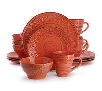 Elama Malibu Jasper 16-Piece Stoneware Embossed Pattern Reactive Glaze Orange Dinnerware Set, Tableware, Serveware Set (Jasper Orange)