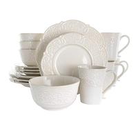 Elama Round Decorated Stoneware Scallop Embossed Dinnerware Dish Set, 16 Piece, Luna