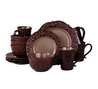 Elama Round Decorated Stoneware Scallop Embossed Dinnerware Dish Set, 16 Piece, Salia