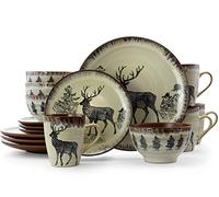 Elama Round Stoneware Cabin Dinnerware Dish Set, 16 Piece, Elk Design with Warm Taupe and Brown Accents